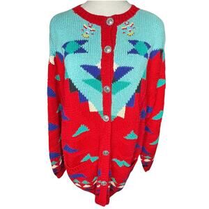 Jayson Younger Large Vintage Southwest Knit Cardigan Beaded Thunderbirds EUC